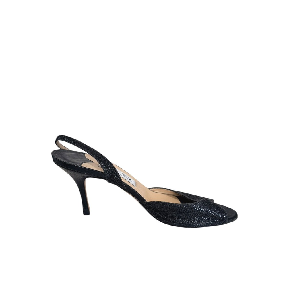 Jimmy Choo 41261 Black Glitter Peep Toe Slingback Heels Stiletto Italy Size 38‎